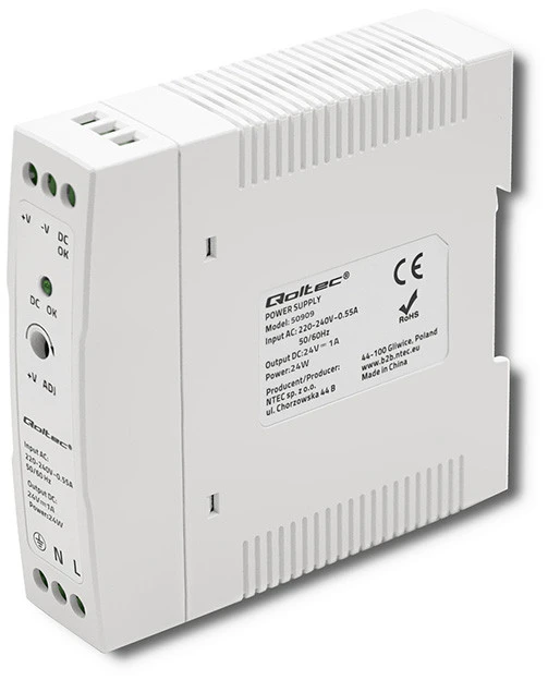 Qoltec DIN bėgelio maitinimo šaltinis 24W 24V 1A baltas plonas