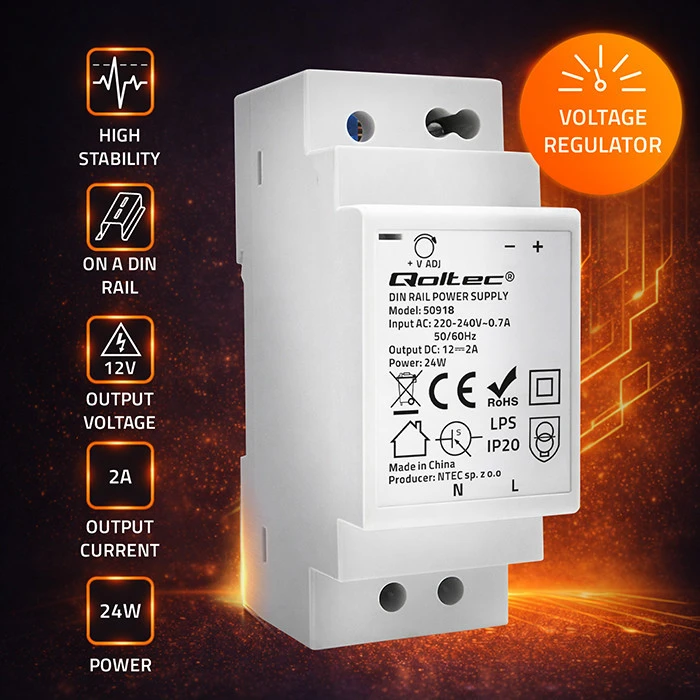 Qoltec Maitinimo šaltinis na szynę DIN | 24W | 12V | 2A | Pilka