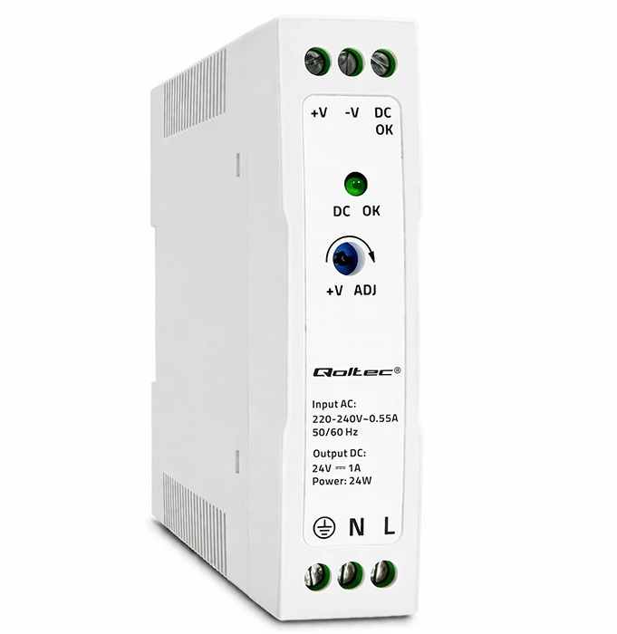 Qoltec DIN bėgelio maitinimo šaltinis 24W 24V 1A baltas plonas