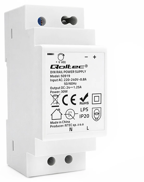 Qoltec Maitinimo šaltinis na szynę DIN | 30W | 24V | 1.25A | Pilka
