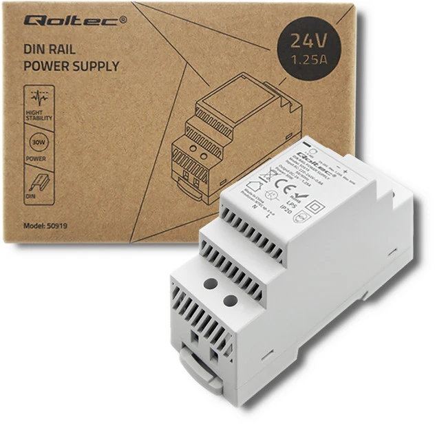 Qoltec Maitinimo šaltinis na szynę DIN | 30W | 24V | 1.25A | Pilka