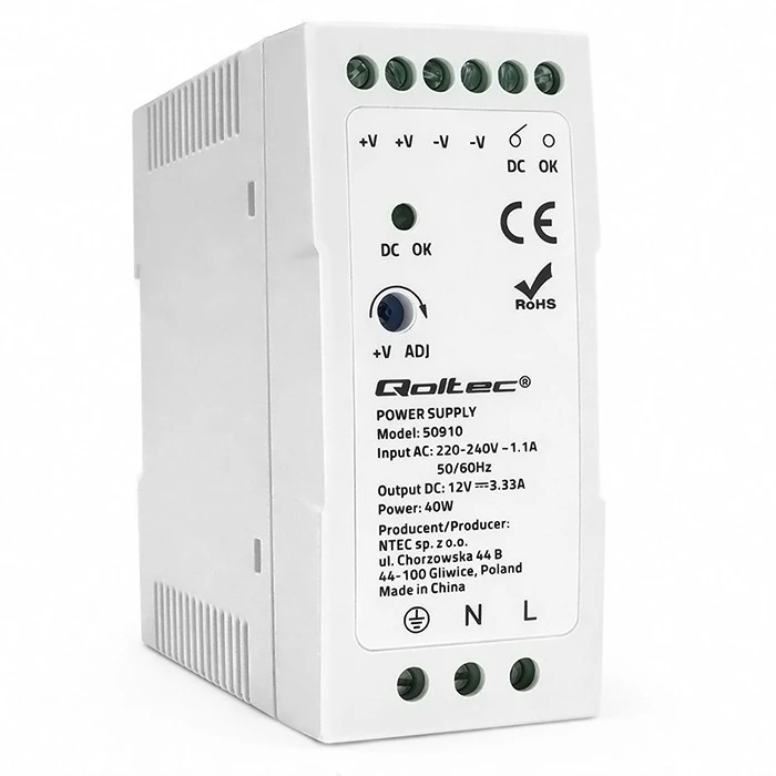 Qoltec DIN bėgelio maitinimo šaltinis 40W 12V 3.33A baltas plonas
