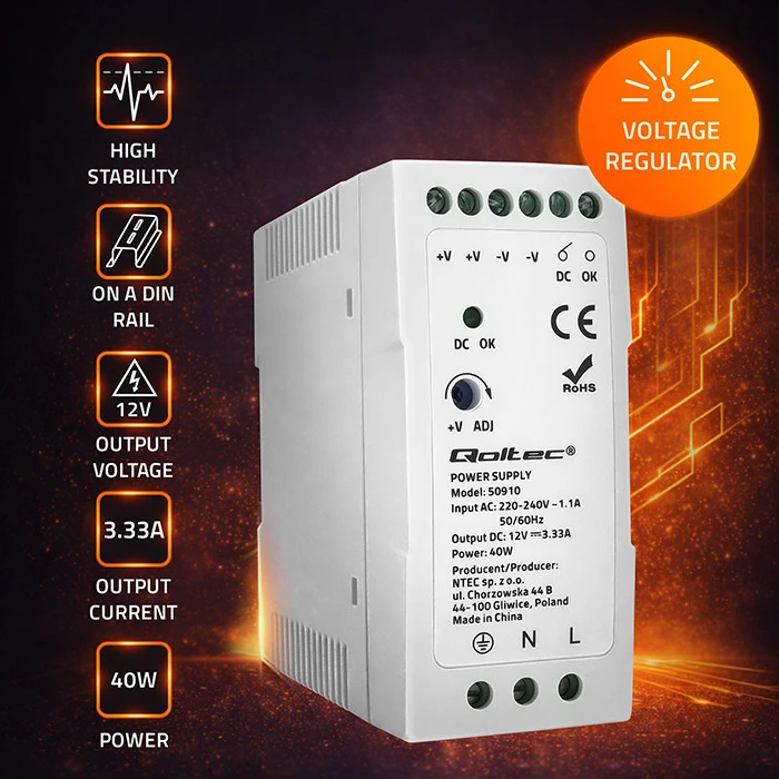Qoltec DIN bėgelio maitinimo šaltinis 40W 12V 3.33A baltas plonas