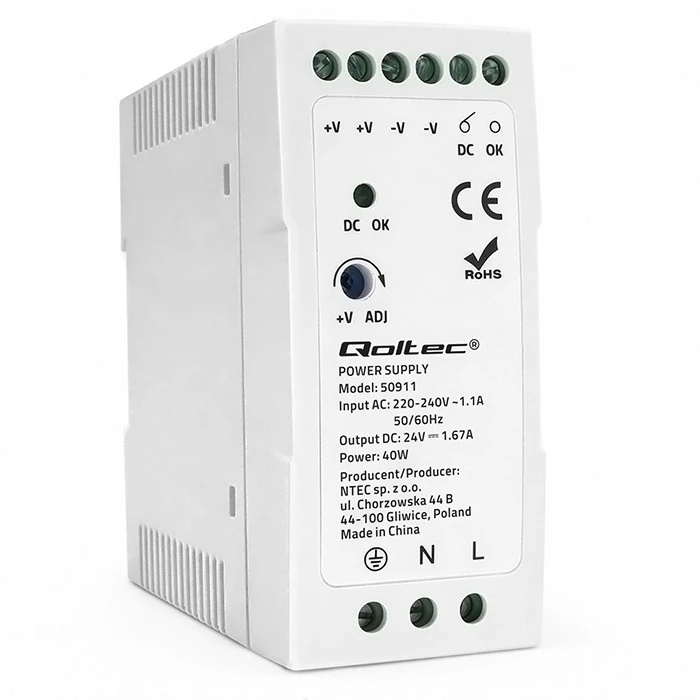 QOLTEC 50911 DIN bėgio maitinimo šaltinis 40W 24V 1.67A Baltas Slim