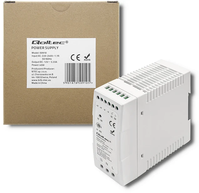 Qoltec DIN bėgelio maitinimo šaltinis 40W 12V 3.33A baltas plonas