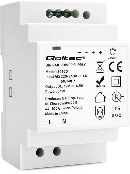 QOLTEC 50920 DIN bėgio maitinimo šaltinis 54W 12V 4.5A Pilka