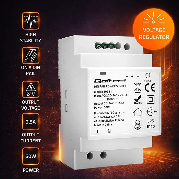 Qoltec DIN bėgio maitinimo šaltinis | 60W | 24V | 2,5A | Pilka