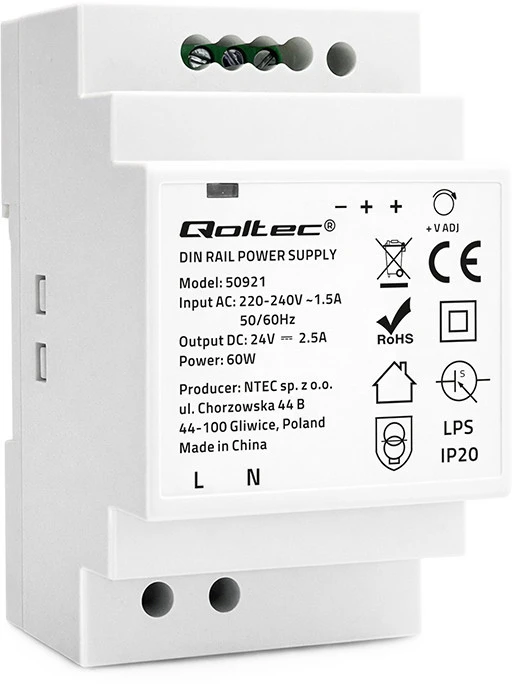 Qoltec DIN bėgio maitinimo šaltinis | 60W | 24V | 2,5A | Pilka