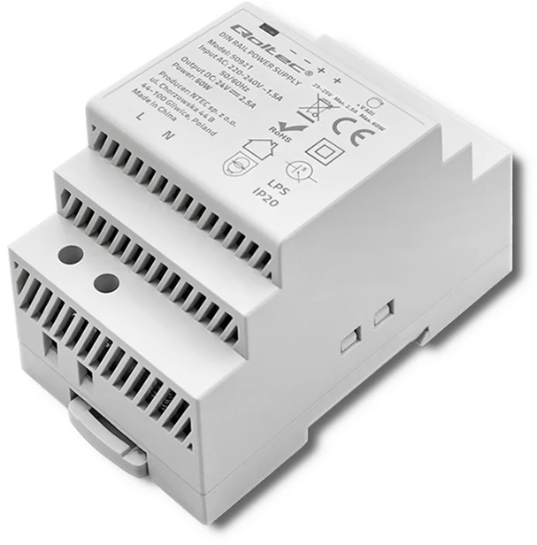 Qoltec DIN bėgio maitinimo šaltinis | 60W | 24V | 2,5A | Pilka