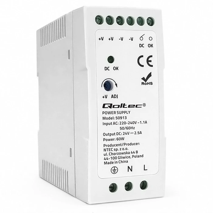 Qoltec DIN bėgelio maitinimo šaltinis 60W 24V 2.5A baltas plonas