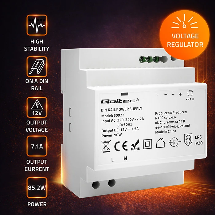 Qoltec Maitinimo šaltinis na szynę DIN | 85.2W | 12V | 7.1A | Pilka