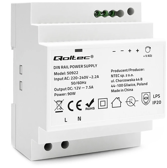 Qoltec Maitinimo šaltinis na szynę DIN | 85.2W | 12V | 7.1A | Pilka