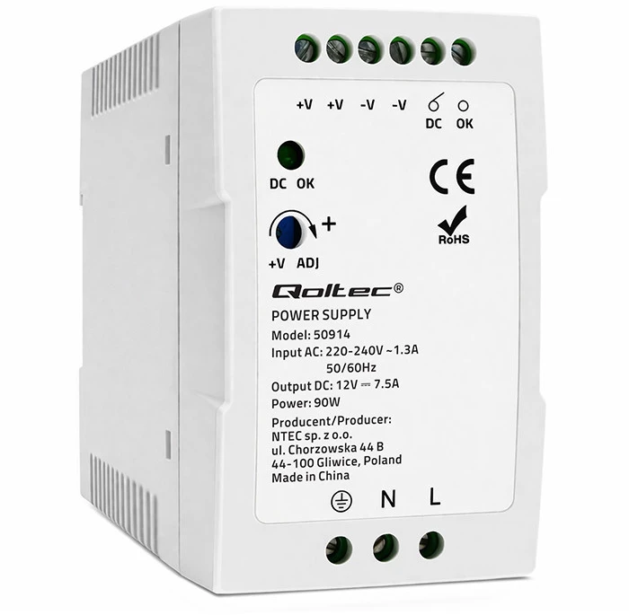 Qoltec DIN bėgelio maitinimo šaltinis 90W 12V 7.5A baltas plonas