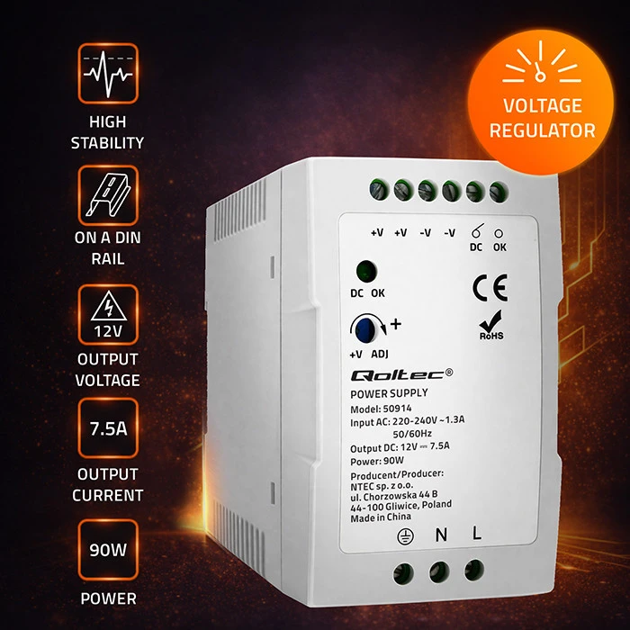 Qoltec DIN bėgelio maitinimo šaltinis 90W 12V 7.5A baltas plonas