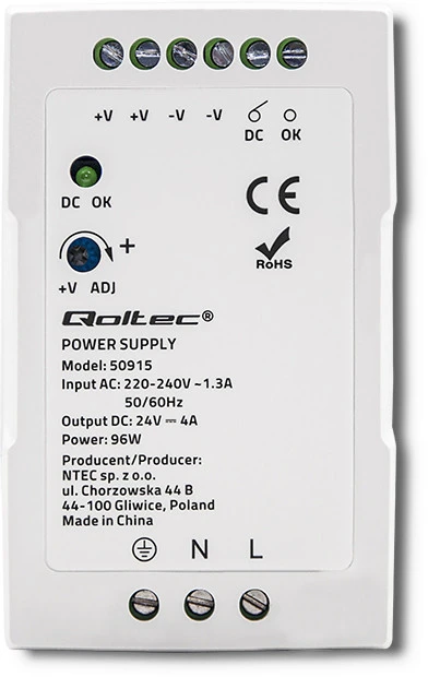 Qoltec DIN bėgelio maitinimo šaltinis 96W 24V 4A baltas plonas