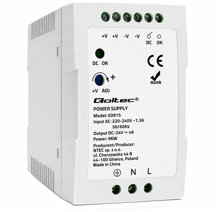 Qoltec DIN bėgelio maitinimo šaltinis 96W 24V 4A baltas plonas