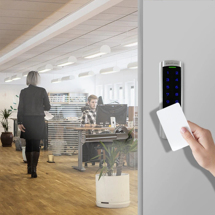 QOLTEC 52445 Kodinė spyna DIONE su RFID skaitytuvu Kodų kortelės rakto pakabukas Durų skambučio mygtukas IP68 EM