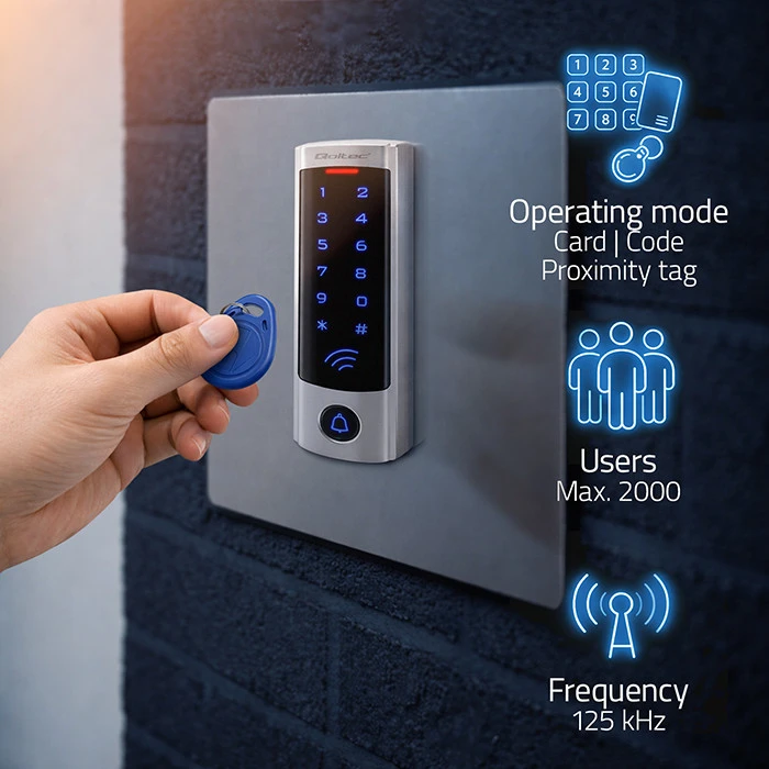 QOLTEC 52445 Kodinė spyna DIONE su RFID skaitytuvu Kodų kortelės rakto pakabukas Durų skambučio mygtukas IP68 EM