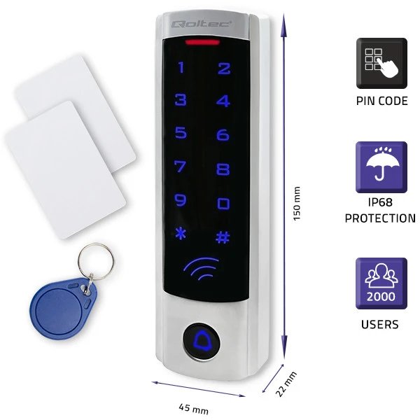 QOLTEC 52445 Kodinė spyna DIONE su RFID skaitytuvu Kodų kortelės rakto pakabukas Durų skambučio mygtukas IP68 EM