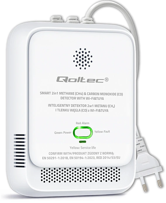 Qoltec 52654 2in1 gamtinių dujų ir anglies monoksido (CO) nuotėkio detektorius | CH4 | CO | NG | Tuya | Wi-Fi | 85 dB signalizacija | LED