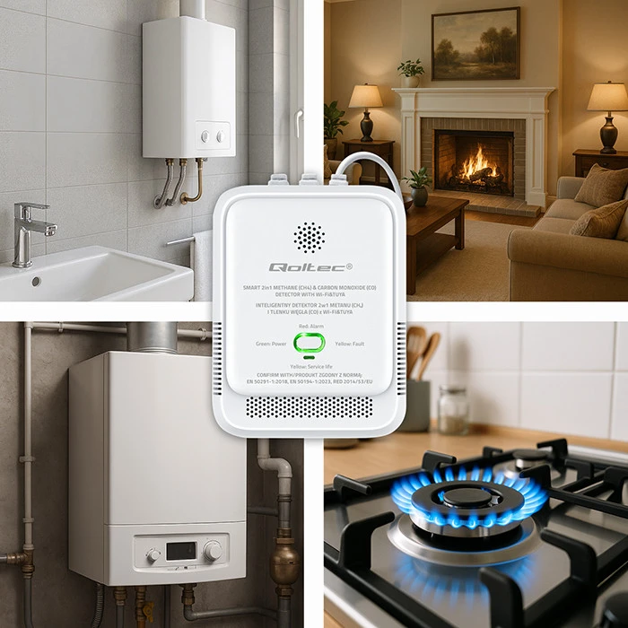 Qoltec 52654 2in1 gamtinių dujų ir anglies monoksido (CO) nuotėkio detektorius | CH4 | CO | NG | Tuya | Wi-Fi | 85 dB signalizacija | LED