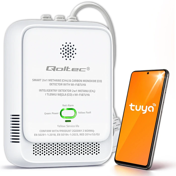 Qoltec 52654 2in1 gamtinių dujų ir anglies monoksido (CO) nuotėkio detektorius | CH4 | CO | NG | Tuya | Wi-Fi | 85 dB signalizacija | LED