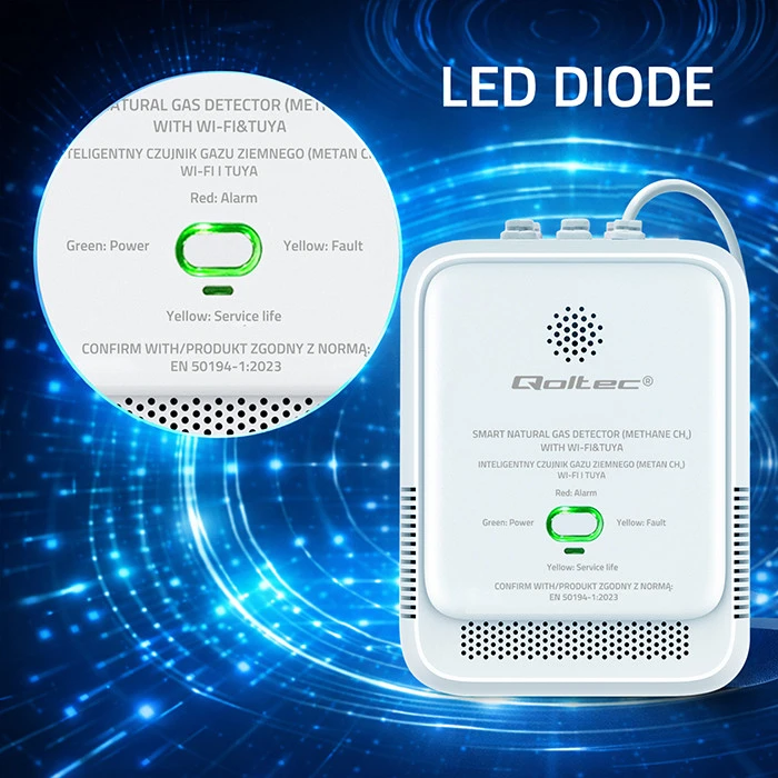 Qoltec 52651 gamtinių dujų nuotėkio jutiklis | CH4 detektorius | NG | Tuya | Wi-Fi | 85dB signalizacija | LED