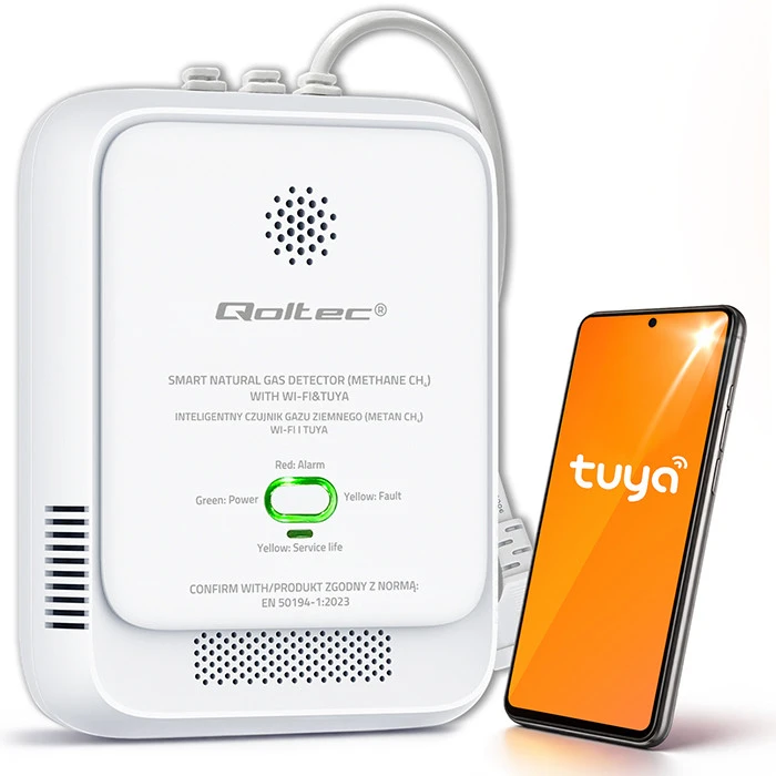 Qoltec 52651 gamtinių dujų nuotėkio jutiklis | CH4 detektorius | NG | Tuya | Wi-Fi | 85dB signalizacija | LED