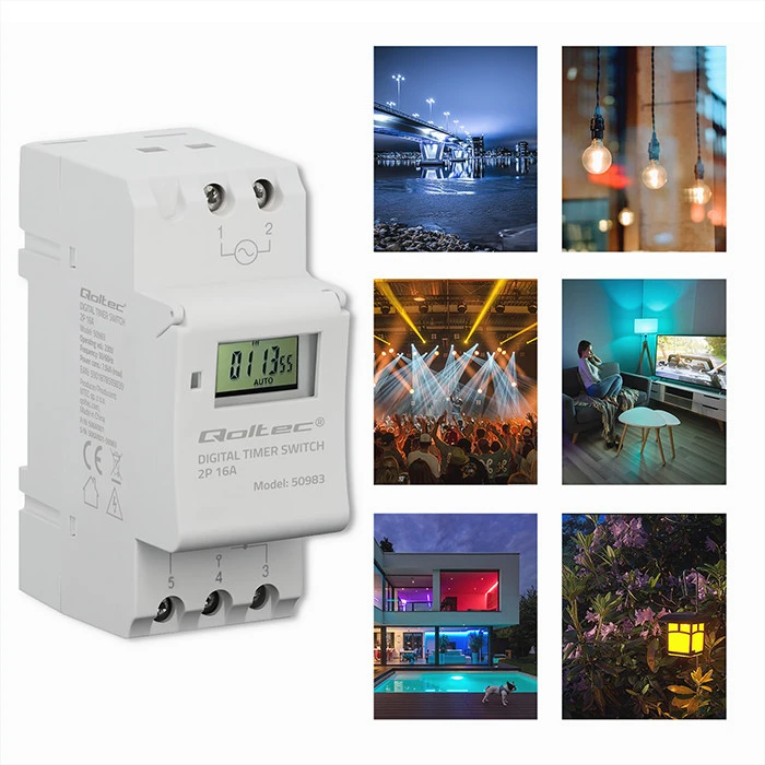 „Qoltec Elektroninis TIMER“ laikmatis DIN bėgeliui su įmontuota baterija | 7 dienų tvarkaraštis | 16 programų