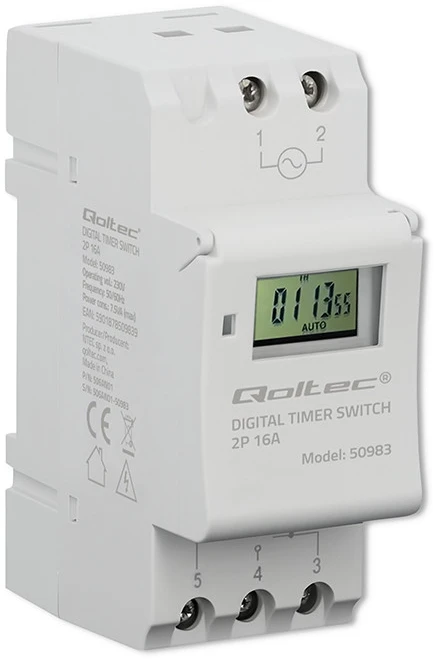 „Qoltec Elektroninis TIMER“ laikmatis DIN bėgeliui su įmontuota baterija | 7 dienų tvarkaraštis | 16 programų