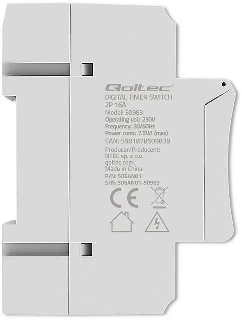 „Qoltec Elektroninis TIMER“ laikmatis DIN bėgeliui su įmontuota baterija | 7 dienų tvarkaraštis | 16 programų