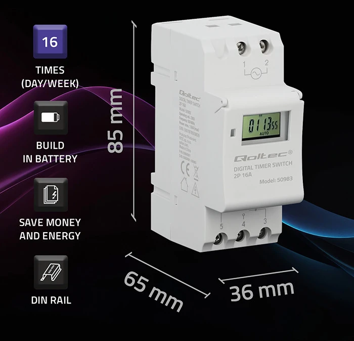 „Qoltec Elektroninis TIMER“ laikmatis DIN bėgeliui su įmontuota baterija | 7 dienų tvarkaraštis | 16 programų