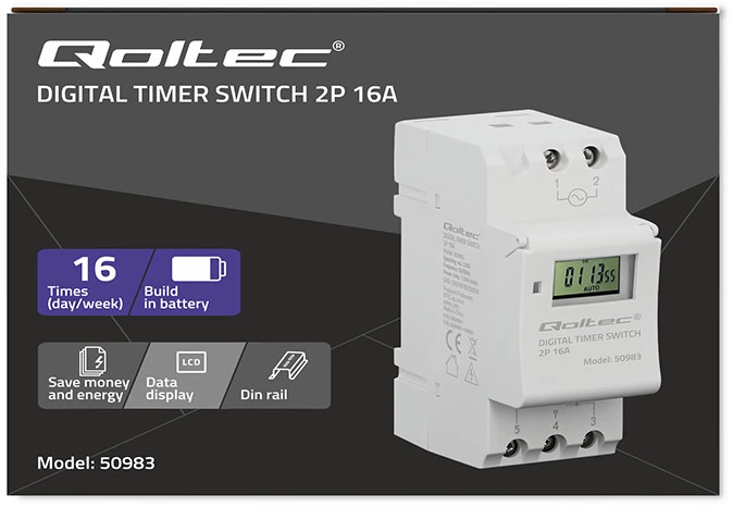 „Qoltec Elektroninis TIMER“ laikmatis DIN bėgeliui su įmontuota baterija | 7 dienų tvarkaraštis | 16 programų
