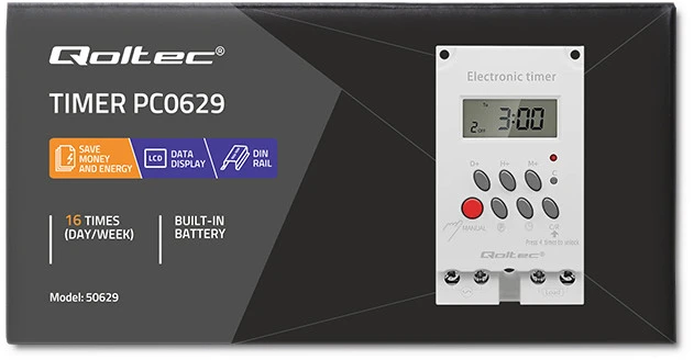 QOLTEC 50629 Elektroninis laikmatis PC0629 DIN bėgiui / LCD