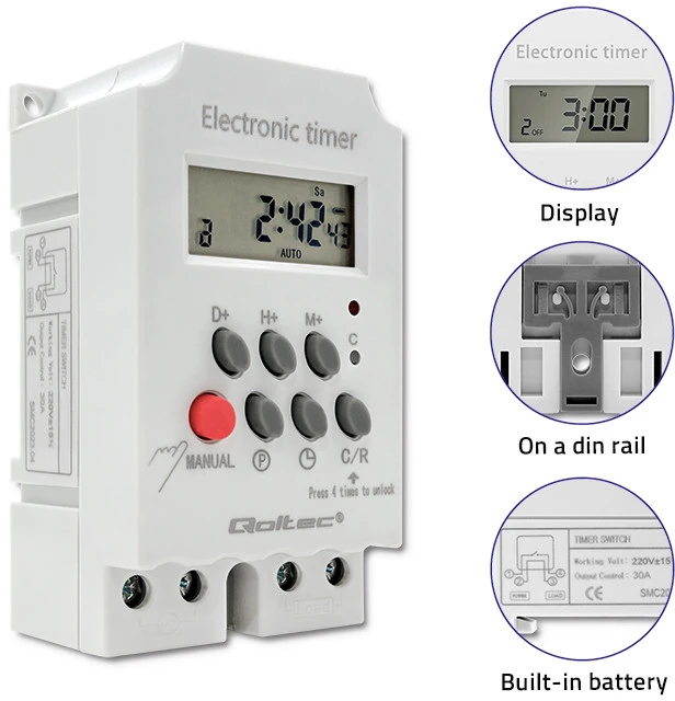 QOLTEC 50629 Elektroninis laikmatis PC0629 DIN bėgiui / LCD