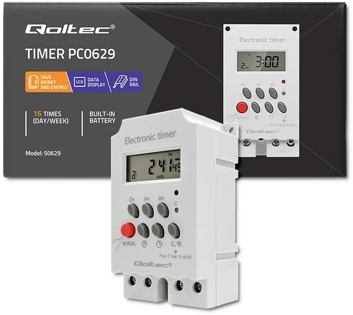 QOLTEC 50629 Elektroninis laikmatis PC0629 DIN bėgiui / LCD