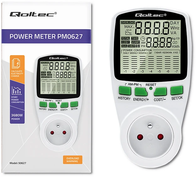 QOLTEC 50627 Galios matuoklis PM0627 su istorija / 3680W / 16A / LCD