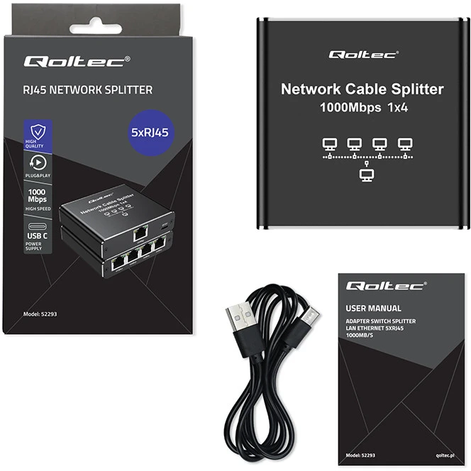 Šakotuvas „Qoltec Rozdzielacz“ skirstytuvas Ethernet mini jungiklis 1x4 RJ45 | 1000Mb/s | USB-C | Aliuminio