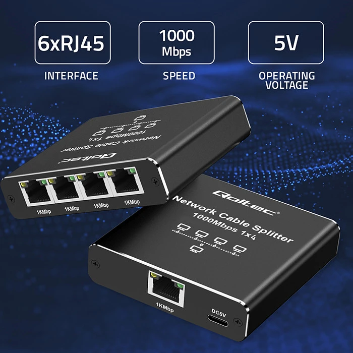 Šakotuvas „Qoltec Rozdzielacz“ skirstytuvas Ethernet mini jungiklis 1x4 RJ45 | 1000Mb/s | USB-C | Aliuminio