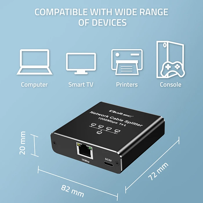 Šakotuvas „Qoltec Rozdzielacz“ skirstytuvas Ethernet mini jungiklis 1x4 RJ45 | 1000Mb/s | USB-C | Aliuminio