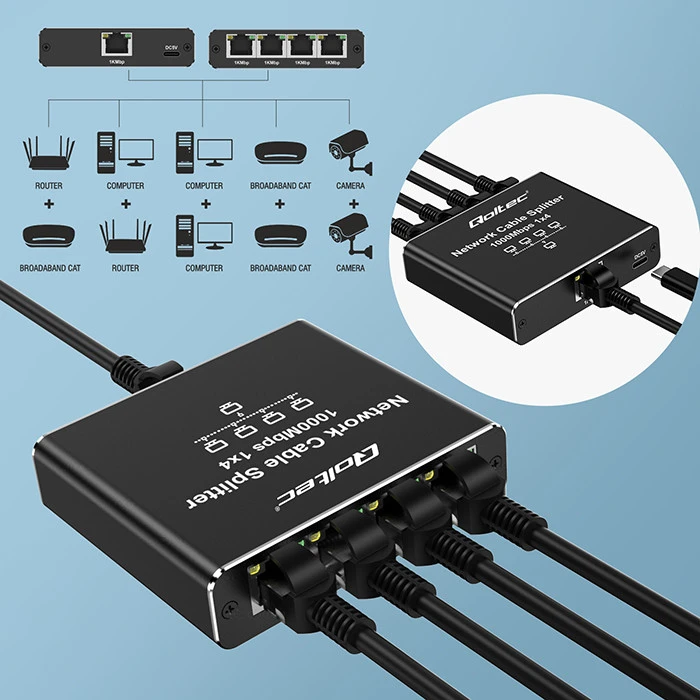 Šakotuvas „Qoltec Rozdzielacz“ skirstytuvas Ethernet mini jungiklis 1x4 RJ45 | 1000Mb/s | USB-C | Aliuminio