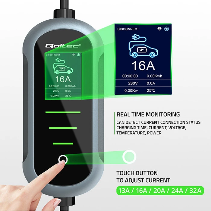 Qoltec 52721 Mobilus elektromobilio įkroviklis su 2in1 2 tipo reguliavimu | 7kW | 230V | CEE 32A | Wifi | TUYA | SMART LIFE | LCD | Nešiojamas | Sieninis įkrovimo įrenginys | 5m