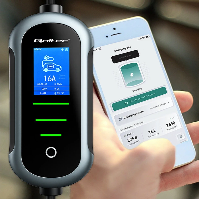 Qoltec 52721 Mobilus elektromobilio įkroviklis su 2in1 2 tipo reguliavimu | 7kW | 230V | CEE 32A | Wifi | TUYA | SMART LIFE | LCD | Nešiojamas | Sieninis įkrovimo įrenginys | 5m