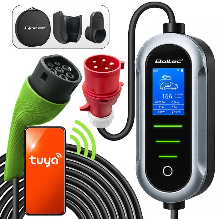 Qoltec 52721 Mobilus elektromobilio įkroviklis su 2in1 2 tipo reguliavimu | 7kW | 230V | CEE 32A | Wifi | TUYA | SMART LIFE | LCD | Nešiojamas | Sieninis įkrovimo įrenginys | 5m