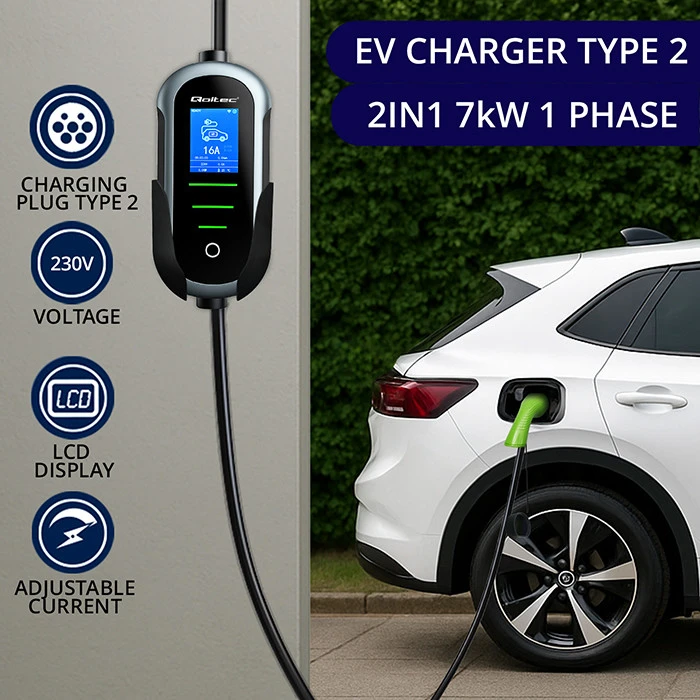Qoltec 52721 Mobilus elektromobilio įkroviklis su 2in1 2 tipo reguliavimu | 7kW | 230V | CEE 32A | Wifi | TUYA | SMART LIFE | LCD | Nešiojamas | Sieninis įkrovimo įrenginys | 5m