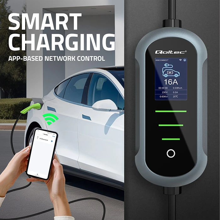 Qoltec 52721 Mobilus elektromobilio įkroviklis su 2in1 2 tipo reguliavimu | 7kW | 230V | CEE 32A | Wifi | TUYA | SMART LIFE | LCD | Nešiojamas | Sieninis įkrovimo įrenginys | 5m