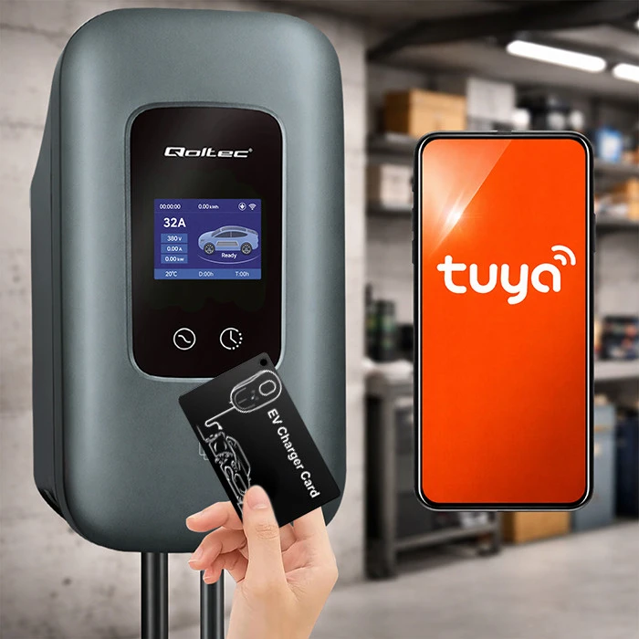 „Qoltec“ EV įkrovimo stotelė, 2 tipo, elektromobiliams ir hibridams | 3 fazės | 22 kW | 32 A | „Wi-Fi“ | LCD | RFID | Išmanusis gyvenimas | TUYA | Sieninė įkrovimo dėžutė | 5 m