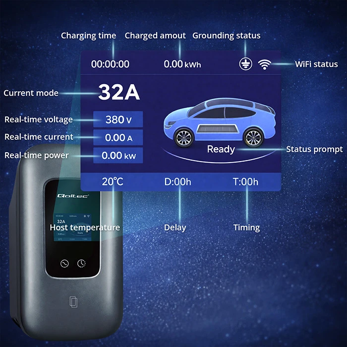 „Qoltec“ EV įkrovimo stotelė, 2 tipo, elektromobiliams ir hibridams | 3 fazės | 22 kW | 32 A | „Wi-Fi“ | LCD | RFID | Išmanusis gyvenimas | TUYA | Sieninė įkrovimo dėžutė | 5 m