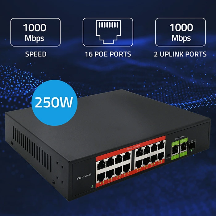 Šakotuvas „Qoltec SWITCH“ greito Ethernet „PoE“ tinklo komutatorius | 16x RJ45 10/100 Mb/s | 2x RJ45 Uplink 1000 Mb/s | 1x SFP 1000 Mb/s