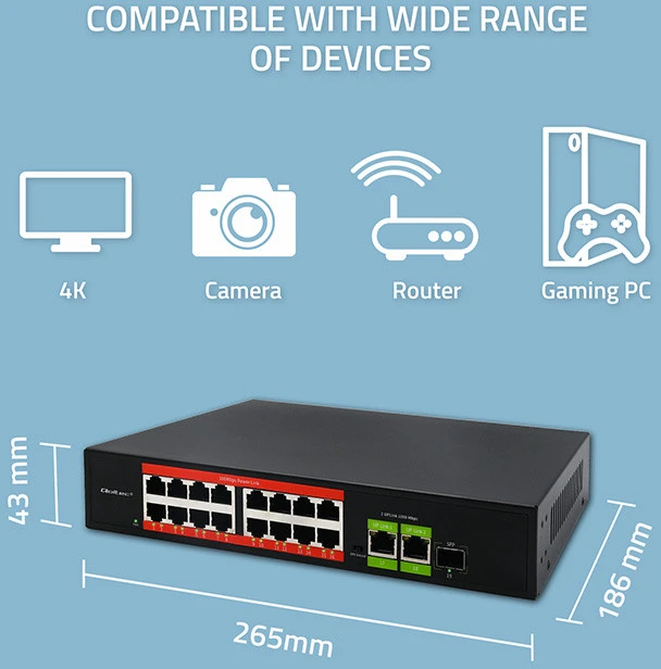Šakotuvas „Qoltec SWITCH“ greito Ethernet „PoE“ tinklo komutatorius | 16x RJ45 10/100 Mb/s | 2x RJ45 Uplink 1000 Mb/s | 1x SFP 1000 Mb/s
